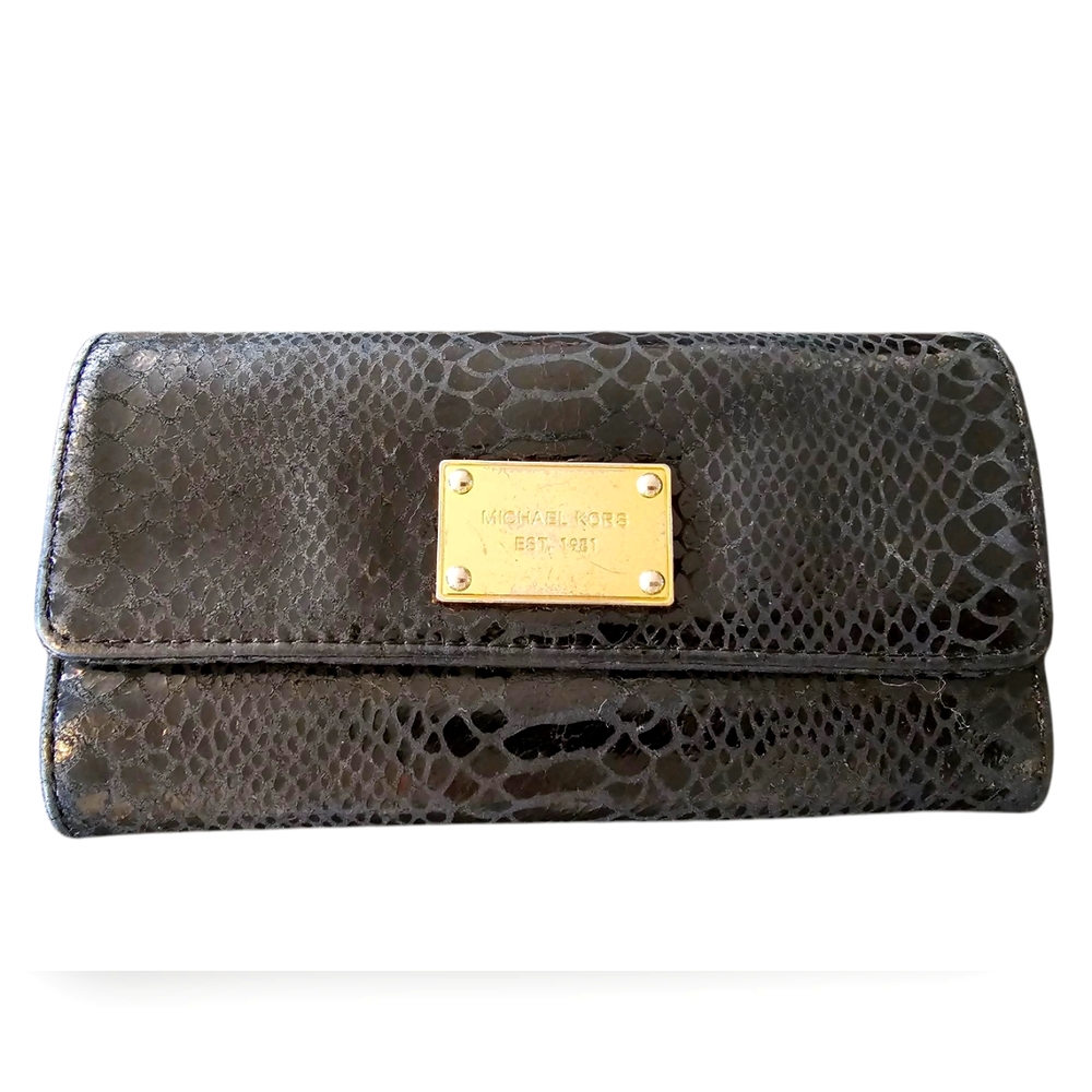 MICHAEL KORS Black Croc Leather Zip Around Wallet Large Clutch
